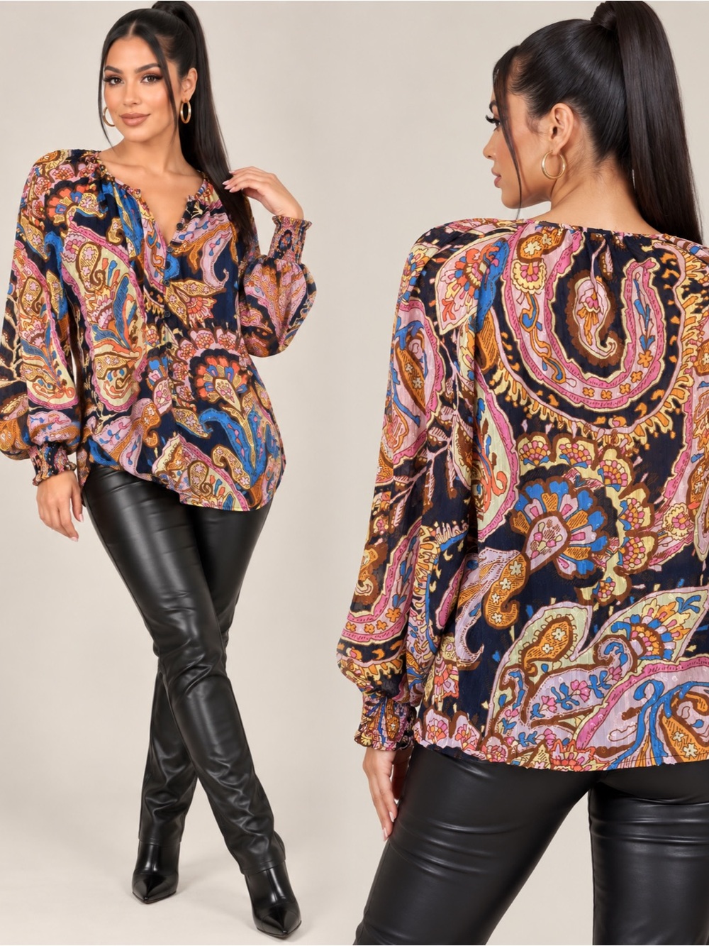 Sanctuary Paisley V-Neck Long Sleeve Blouse — Black, Pink, Blue, Gold